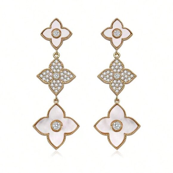 Gold Boho Womens Long Leaf & Flower Earrings Embedded With Rhinestones - Picture 4 of 5